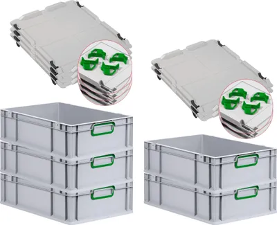 Produktbild von SuperSparSet 5x Eurobox NextGen Color mit Auflagedeckel und Schiebeschnappverschlüsse | HxBxT 17x40x60cm | 34 Liter | Griffe grün geschlossen | Glatter Boden | Eurobehälter, Transportbox, Transportbehälter, Stapelbehälter