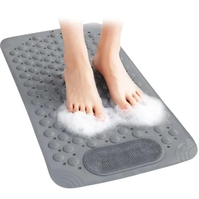 Obrázek produktu pro Šedá koupelnová rohož z PVC, 69 × 36 cm, s přísavkami, protiskluzová, s odtokovými otvory, bezpečná pro dospělé i děti v koupelně