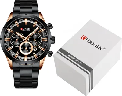 A black and gold Curren chronograph watch is displayed next to its white packaging box.