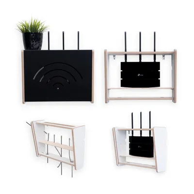 A collage of four images showing different router storage boxes mounted on a white background.