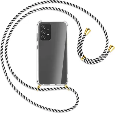 Produktbild von Handykette Backcover-Schutzhülle mit Band (Metall goldfarben) für Samsung Galaxy A72 - schwarz/weiß gestreift