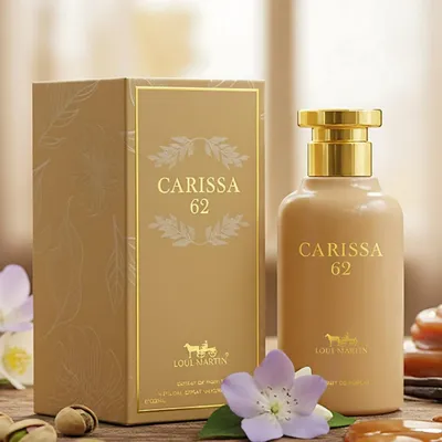 A perfume bottle and its box are displayed on a wooden surface with some decorative elements.