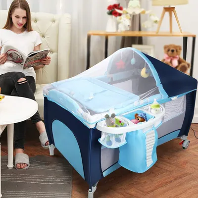 Produktbild von GOPLUS Kinderreisebett Reisebett Klappbett baby Kinderbett Babybett Baby Klappbett faltbar mit Tragetasche Blau