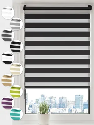 A black and white striped roller blind is shown in a window, with various color swatches of the same blind design displayed to the left.