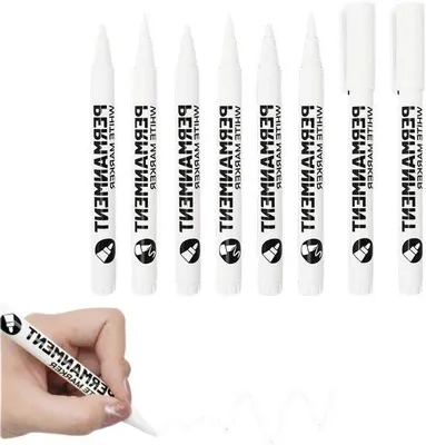 Obrázek produktu pro Sada 8 trvanlivých fixů určených pro malování na kámen, dřevo a sklo, barva bílá, tloušťka hrotu 2,0 mm, rychlé schnutí a odolnost vůči vodě.
