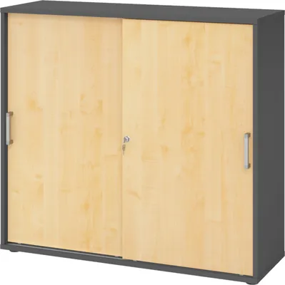 Produktbild von bümö Schiebetürenschrank office - 3 Ordnerhöhen - Griff: Chromgriff (Metall), Nachbildung: Graphit/Ahorn