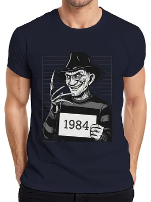 Productafbeelding van Freddy Krueger 1984, opsporingsfoto, horror, slasher, retro, jaren '80, heren T-shirt, marineblauw, maat XL