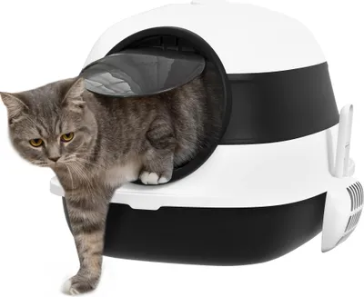 Produktbild von PawHut Katzentoilette mit Deckel, Katzenklo inkl. Deodorant, Bodengitter, Streuschaufel, Großer Innenraum für Katzen bis 5 kg, Weiß+Schwarz, 52 x 41 x