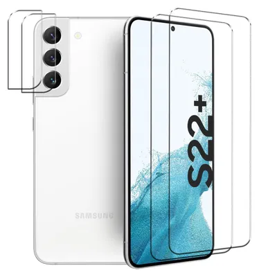 A white Samsung Galaxy S22 Plus phone with screen protectors and camera lens protectors shown from the back and front.