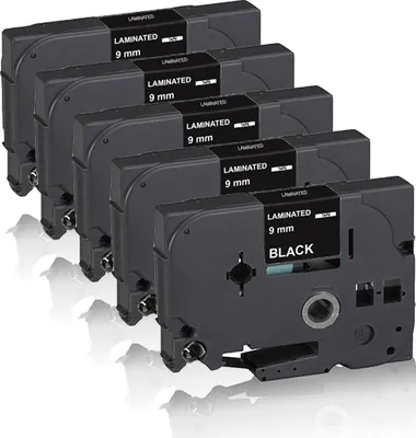 A stack of five black label tape cartridges.