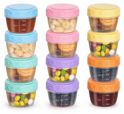 Zdjęcie produktu dla VINATO, 12 małych pojemników z pokrywką, plastikowe, pojemniki do przechowywania żywności z pokrywką, 80 ml (ok. 2,7 uncji), mini pojemniki do zamrażarki, małe, wolne od BPA, szczelne i możliwość układania w stos. Idealne do sosów, przypraw i przekąsek