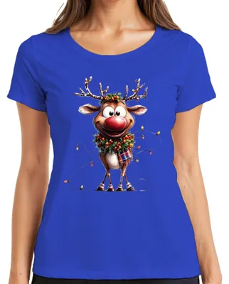 Produktbild von Weihnachtsrentier rote Nase Lichterkette Kranz lustig Cartoon Damen T-Shirt, Blau, S