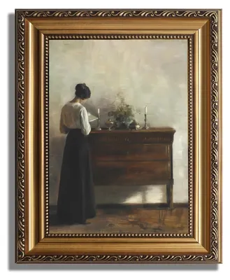 Image de Décoration murale vintage avec cadre doré, représentant une femme avec un livre, dimensions : 23 x 30 cm