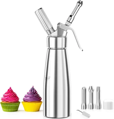 Produktbild von 500ml Sahnespender, Sahnesyphon Aluminium mit 3 Edelstahl Deko-Düsen und 1 Reinigungbürste, Auslaufsicherer Sahnesiphon für die Zubereitung von Schlagsahne, Creme, Mousse und Desserts