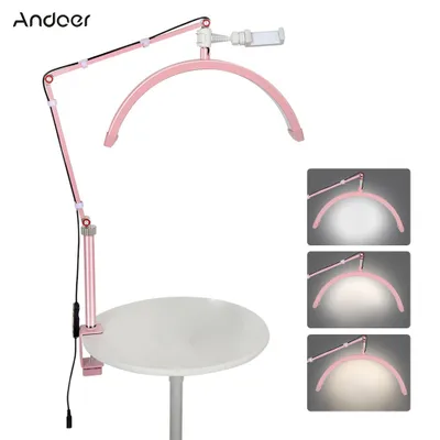 Zdjęcie produktu dla Biurkowa lampa wideo LED Andoer HD-M3X, światło wypełniające w kształcie półksiężyca, 3000K-6000K, ściemniane z zaciskiem C, mocowanie stołowe, metalowy statyw oświetleniowy ring light