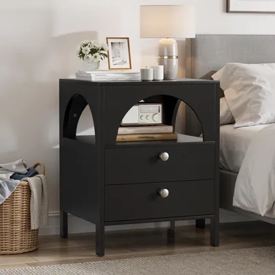 Produktbild von MODFU Nachttisch Schwarz Beistellschrank mit 2 Schubladen und 1 offenem Fach,für Couchtisch,Beistelltisch,45 x 40 x 58 cm