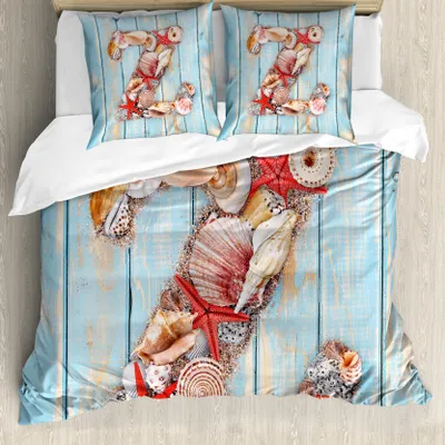 Produktbild von ABAKUHAUS Letter Z Bettbezug, Maritime Sommer-Spaß-Z, Milbensicher Allergiker geeignet mit Kissenbezügen, 155 cm x 220 cm - 80 x 80 cm, Dunkle Coral Blassblau