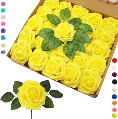Productafbeelding van Nepgele Rozen - Kunstbloemen Schuim - Bruiloft Decoratie - Echt Aanvoelend - 25 Stuks - Geel