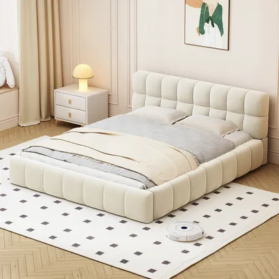 Image de Flieks Lit rembourré 140x190cm avec sommier à lattes, Lit double adolescent Lit boxspring avec tête de lit, Lit en bois Classique Lit matrimonial, Lin, Beige