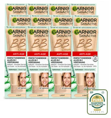 Imagen del producto de 12 unidades de crema BB antiedad Garnier SkinActive, tono claro - Crema de día con color, 50 ml - Paquete de suministro
