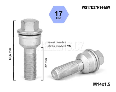 Obrázek produktu pro Kolový šroub M14x1,5x37 koule R14 pohyblivá, klíč 17, WS17D37R14-MW, výška 66,5 mm