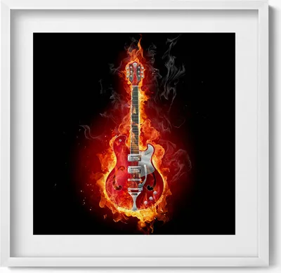 Produktbild von Flammende rote E-Gitarre– Wandbild mit Rahmen – Gerahmtes Bild  – Wanddekoration – 50x50 cm –  Weiß Rahmen