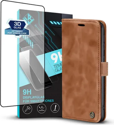 Produktbild von Handy Hülle für Samsung Galaxy S21 Ultra 5G mit 9H Displayglas Klapphülle Bookcase Flip Cover Handy Tasche Etui Farbe: Hellbraun