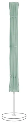 A light green patio umbrella cover on a white pole and a circular base, isolated on a white background.