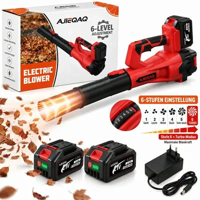 Produktbild von Akku-Laubbläser 21V Brushless, 2×4,0Ah Akkus, 320 km/h, 6 Stufen mit Turbo, 1000W, kabelloser Laubbläser mit 2 Rohren