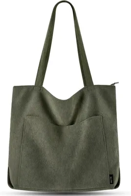 Zdjęcie produktu dla Torebka damska shopper duża sztruksowa torba na ramię materiałowa ciemnozielona