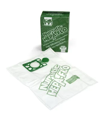 A box of Numatic Hepa-Flo vacuum cleaner bags and one bag laid out.