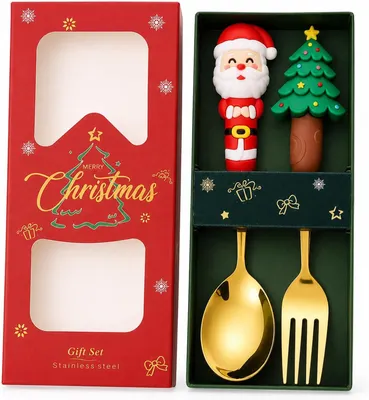 Imagen del producto de Juego de cubiertos de 2 piezas, color dorado, incluye cuchara y tenedor, ideal para postres