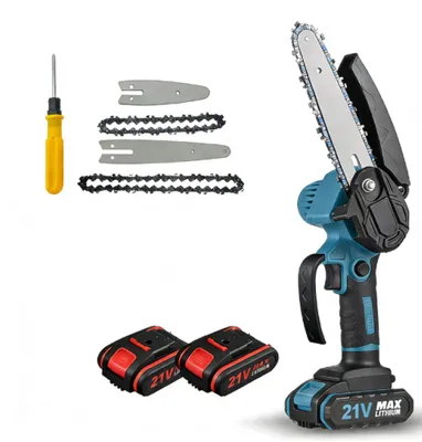 Image de Mini tronçonneuse, 4 pouces 6 pouces 21V tronçonneuse électrique, tronçonneuse sans fil, avec 2 batteries + chargeur pour le jardinage élagage du bois