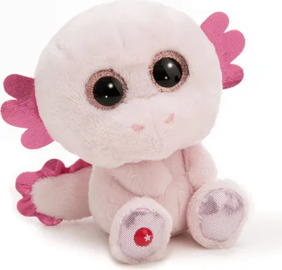 A pink plush axolotl toy is sitting down, facing the viewer.