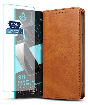 Produktbild von Handyhülle für Apple iPhone 14 Pro mit 9H Displayglas Kunstleder Flip Cover Hülle Klapphülle Case Kartenfach Farbe: Hellbraun