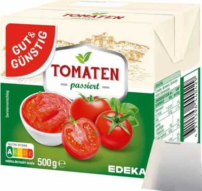 Produktbild von Gut & Günstig Tomaten passiert in praktischer Kartonverpackung (500g Packung) + usy Block