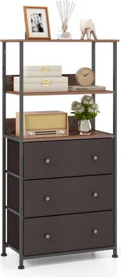 Zdjęcie produktu dla Komoda COSTWAY z 3 szufladami i otwartymi półkami, pionowa szafka z szufladami z metalową ramą, organizer wieżowy o wysokości 117 cm z wyjmowanymi pojemnikami z tkaniny
