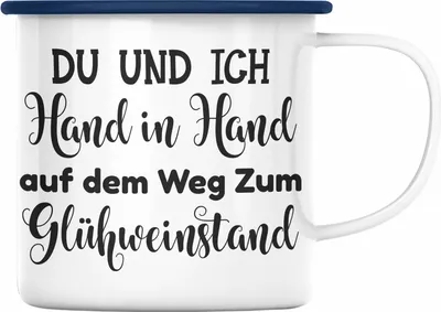 Produktbild von Trendation - Glühwein Emaille Tasse Lustig Spruch Glühweinbecher mit Henkel Doppelwandig GlühweinEmaille Tassen Gläser Weihnachtsmarkt Becher Emaille Tassen Geschenk - Du Und Ich (Blau)