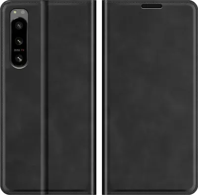 A black flip case for a Sony Xperia 5 IV phone, shown from the front with the phone inside and the cover closed.