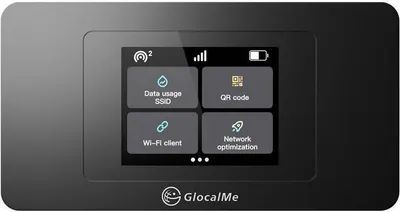 A black GlocalMe Duoturbo Cloud SIM Portable Wi-Fi 4G/LTE Router is shown on a light gray background. The device has a screen displaying various icons and text options.