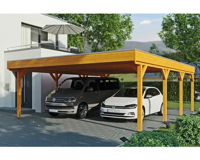 Produktbild von Doppelcarport SKAN Holz Grunewald inkl. EPDM Folie 622 x 796 cm Eiche hell