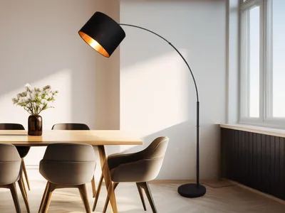 A modern dining room with a table, chairs, and a floor lamp.
