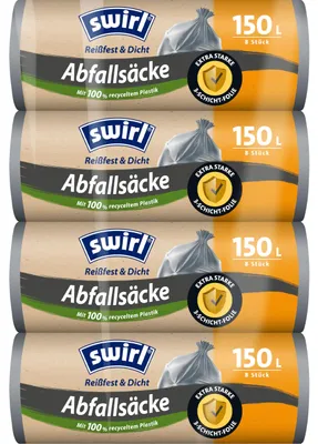 Immagine prodotto di Sacchi per rifiuti Swirl da 150 litri (4 rotoli da 8 sacchi), sacchi per rifiuti senza chiusura, particolarmente resistenti