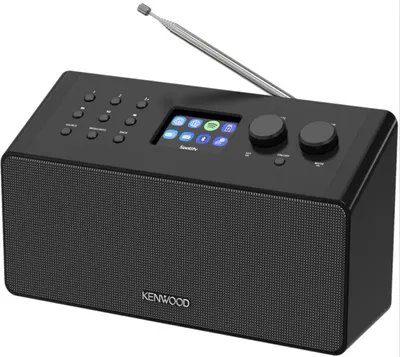 A black Kenwood digital radio with a silver antenna extended.