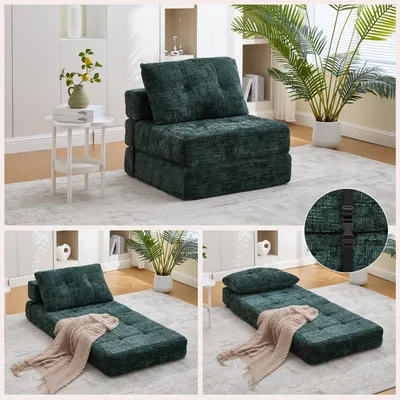 A collage of a green sofa bed in different configurations, set in a living room.