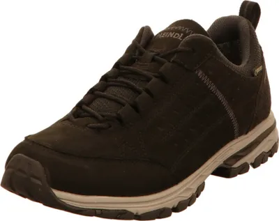 A single black hiking shoe is shown from a slightly elevated side angle against a white background.