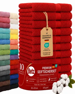 Zdjęcie produktu dla Zestaw 10 ręczników myjących Betz Premium – 10 ręczników myjących 30×30 cm, 100% bawełna, gramatura 470 g/m², miękkie i chłonne, certyfikat Oeko-TEX®, kolor czerwony, Obraz wygenerowany przez AI
