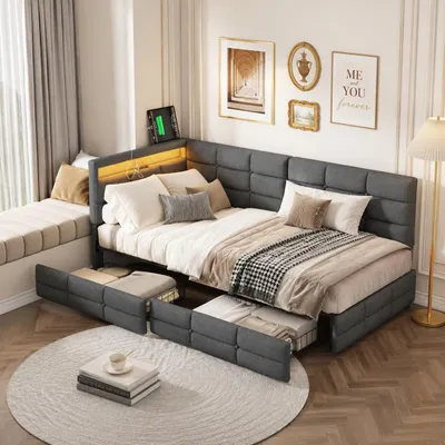 Produktbild von INONEFT Kinderbett 90 x 200 cm, einzelbett, L-förmiges-polsterbett mit LED und USB, jugendbetten mit 2 Schubladen, Leinen, grau, ohne Matratze, KI-generiertes Bild