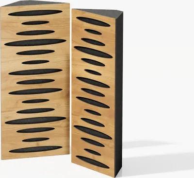 Two acoustic corner bass traps with a wooden front and black interior, shown against a white background.