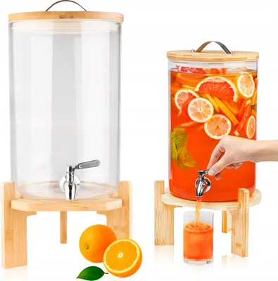 Zdjęcie produktu dla SuperButelki - Szklany słój 7,5L z kranikiem i drewnianym stojakiem na lemoniadę, sok, wodę, poncz, napoje – dyspenser szklany z kranem do serwowania